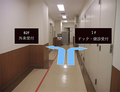 6. 右に曲がるとドック・健診受付、左に曲がり地下2階に降りると外来受付がございます。